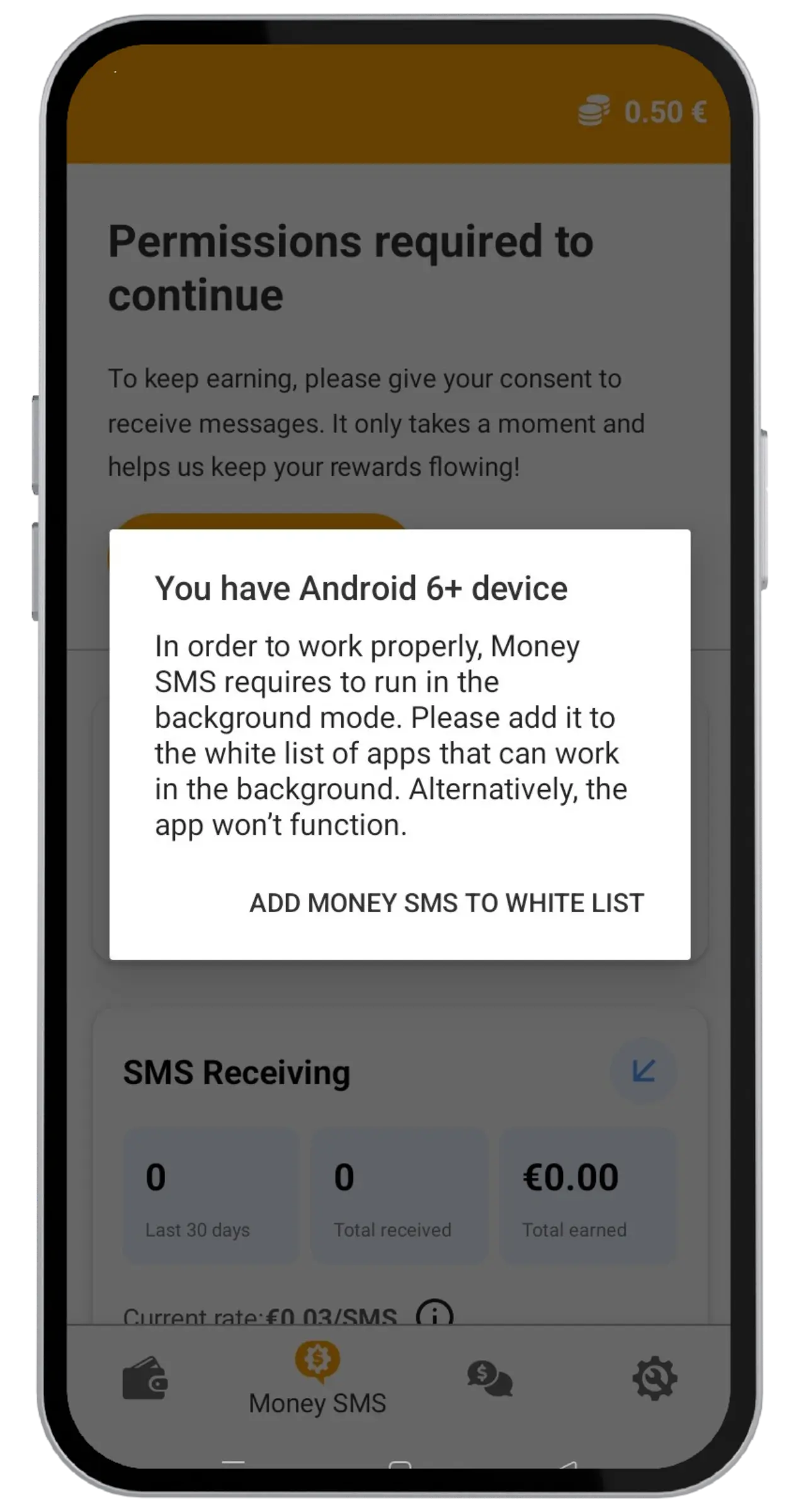 Battery optimization whitelist screen