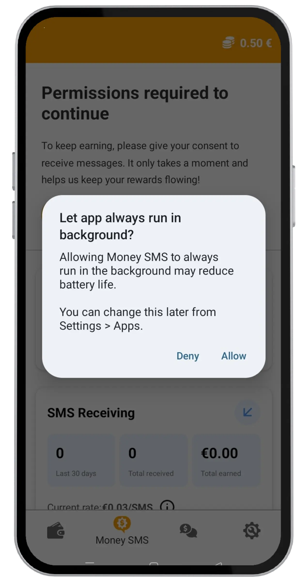 Background running permission screen