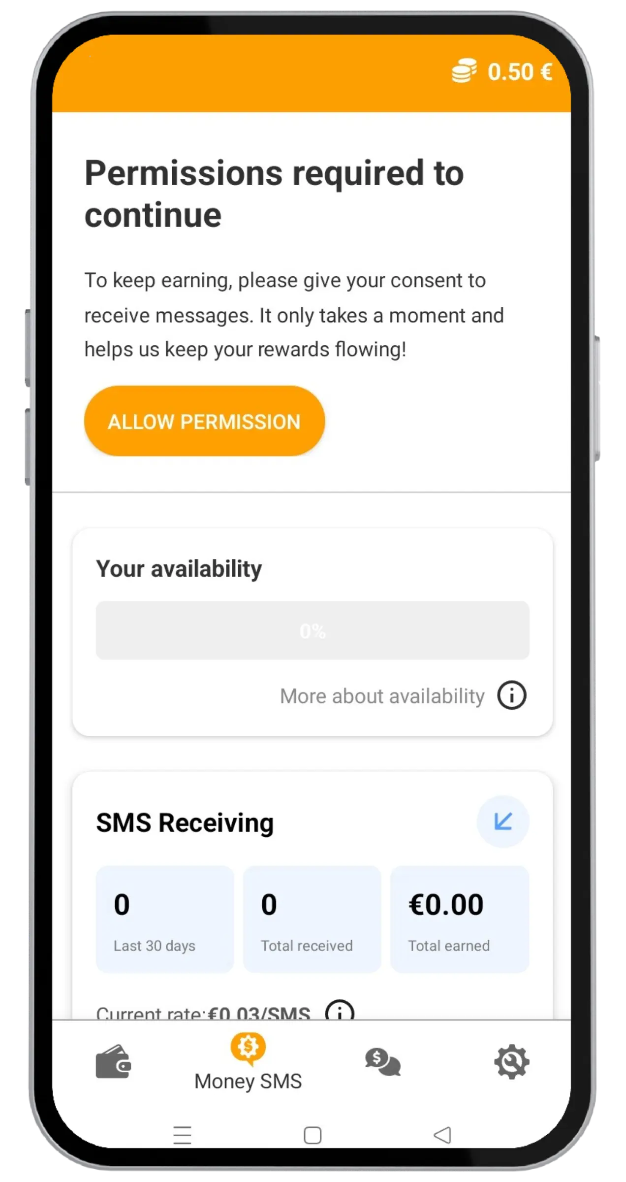 App main dashboard showing stats and rate