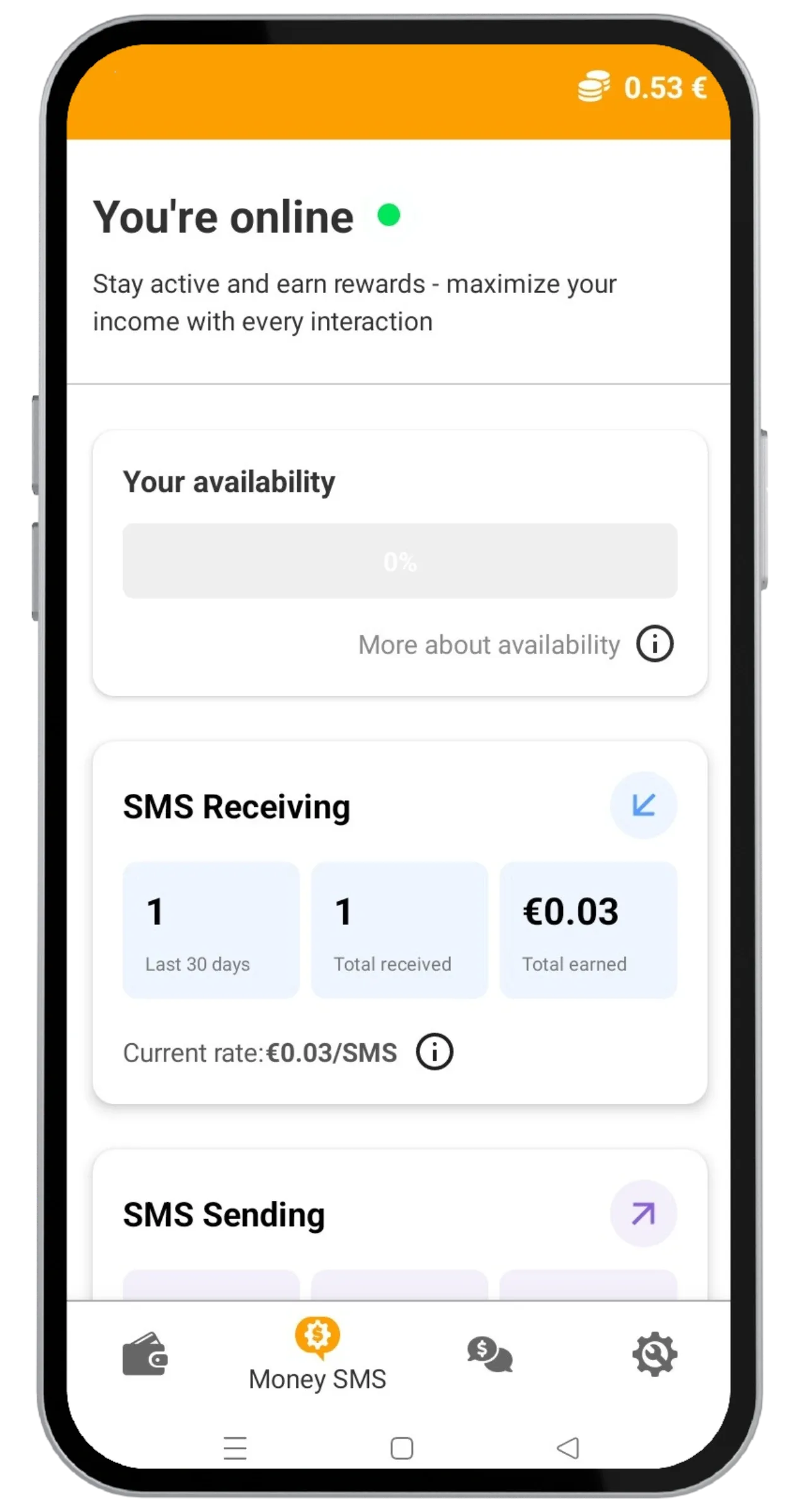 App showing received test SMS and earnings