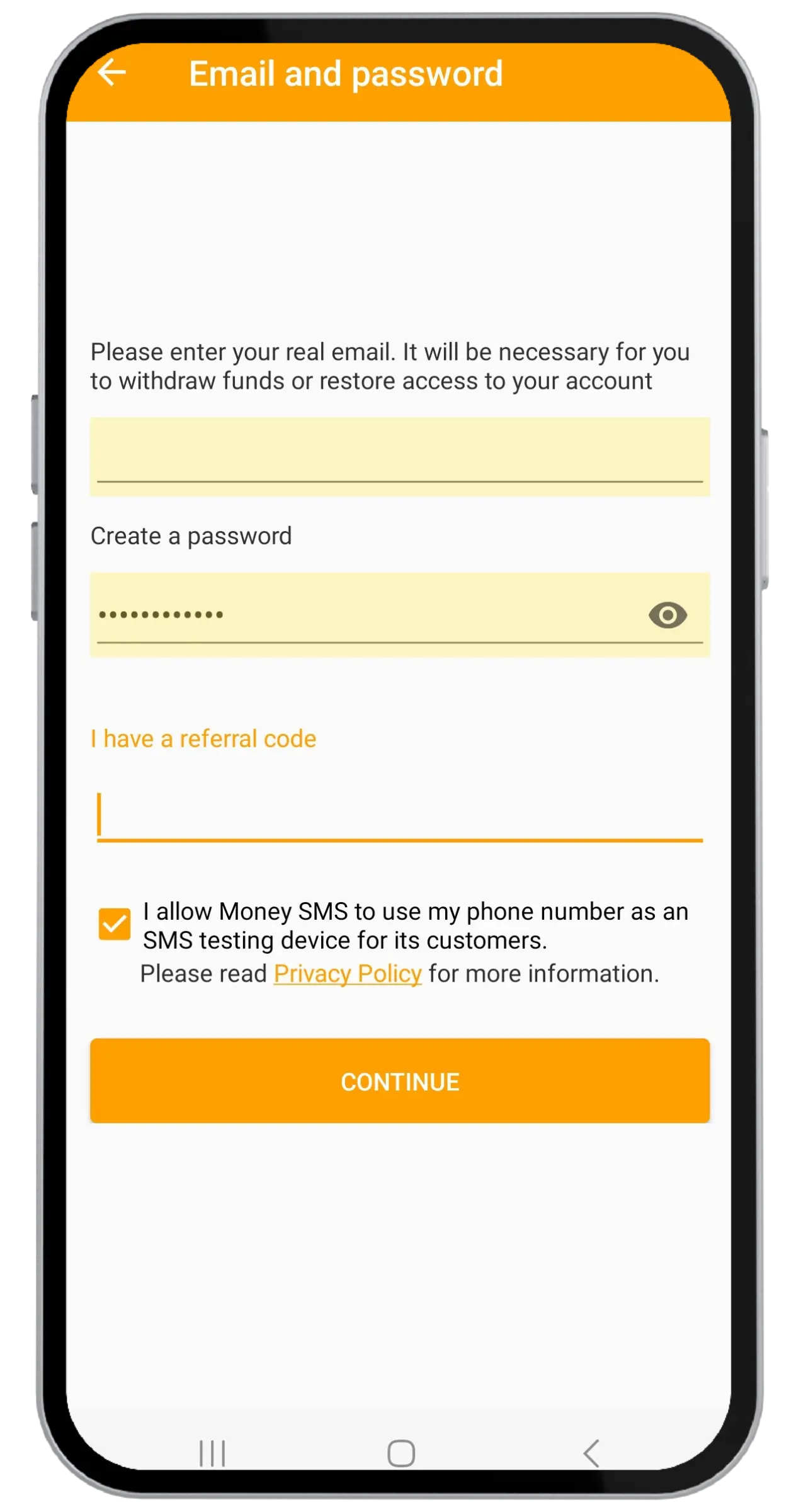 Email and password registration form