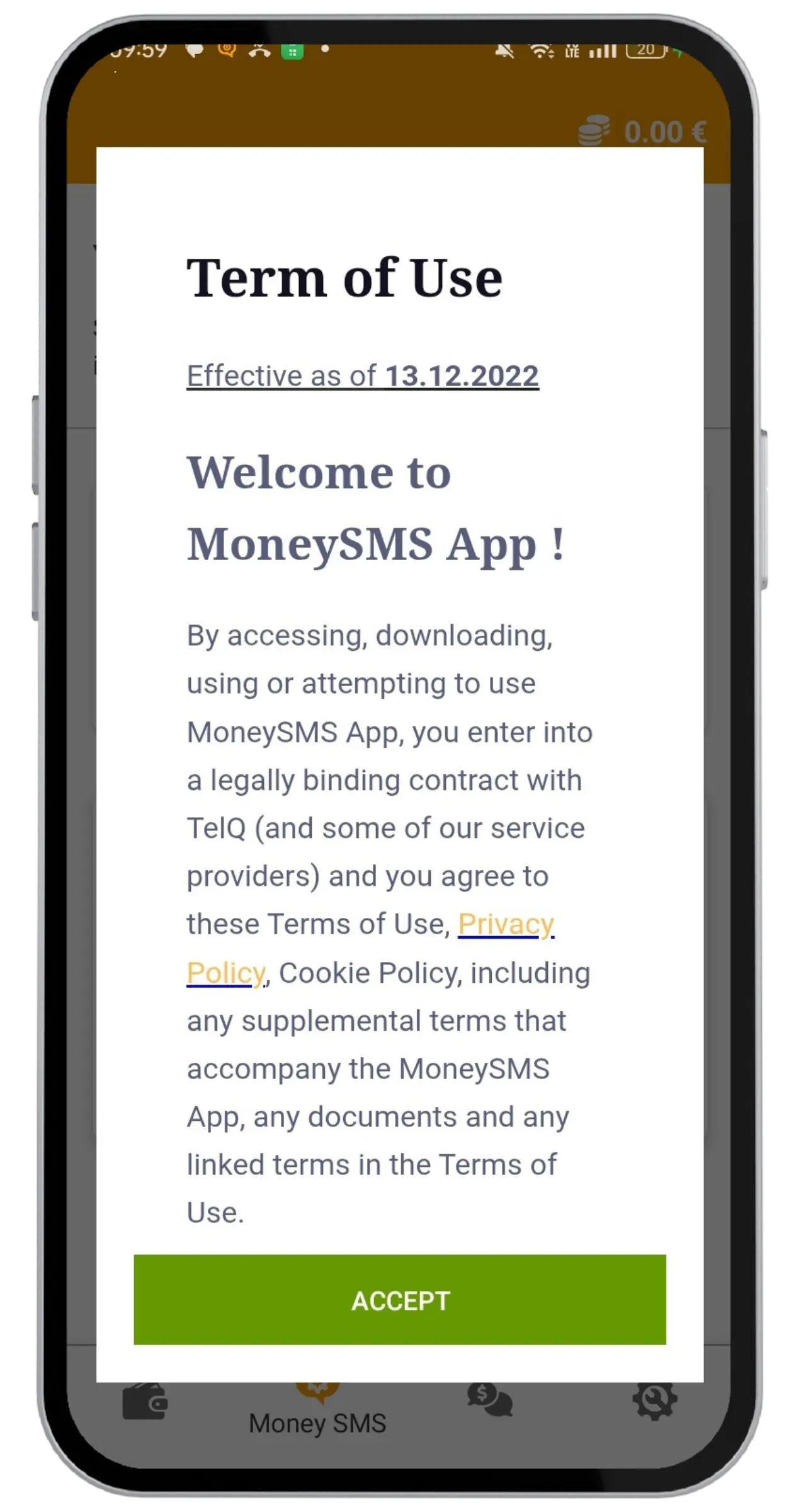 Terms and conditions acceptance screen